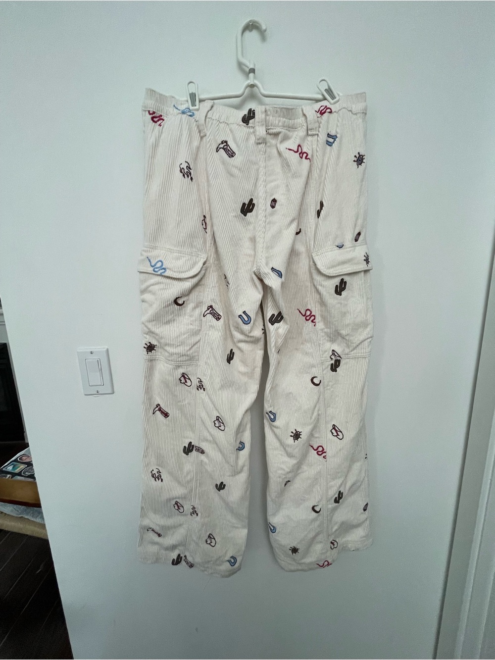 PacSun Cream Corduroy Wide-Leg Cargo Pants with Multicolor Western Embroidery